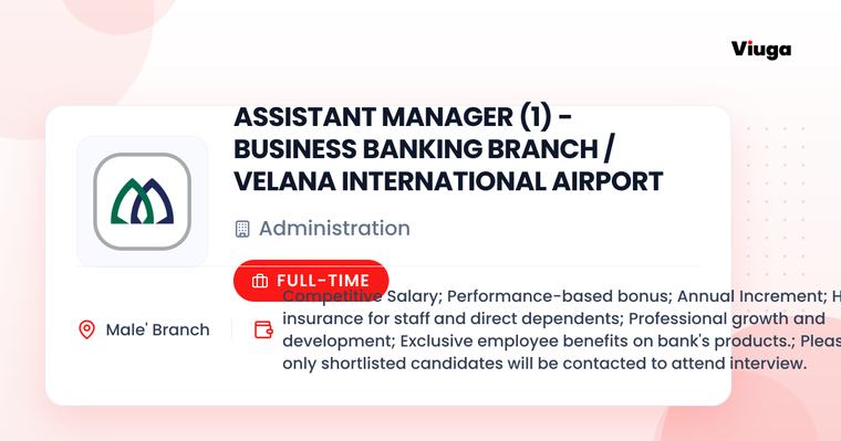 Sheesha Pvt Ltd Inventory Assistant Full Time Maldivians only Male City MVR 11,400 23 Aug 2026